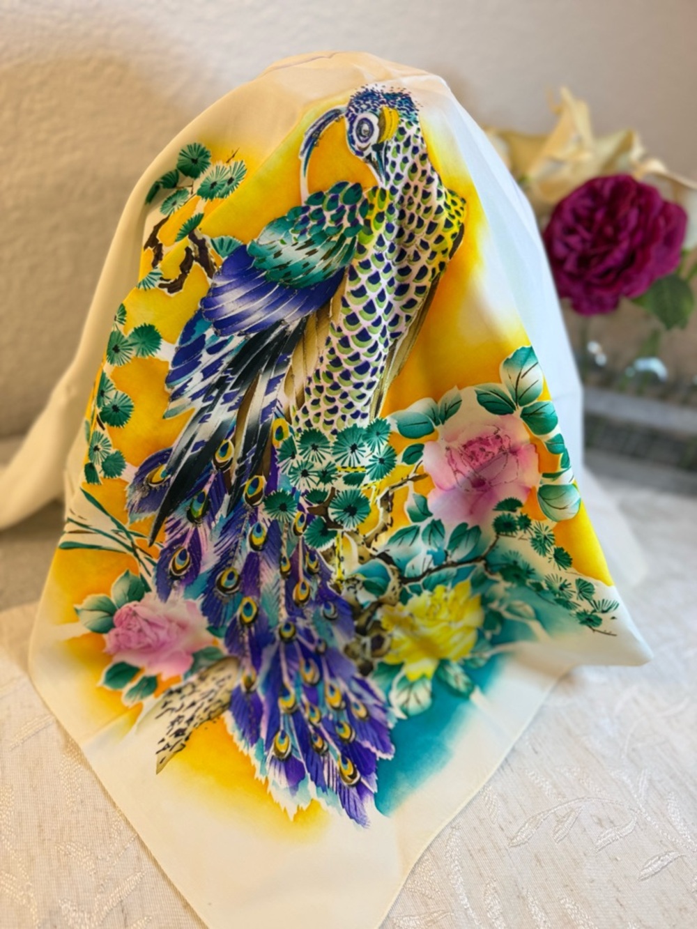 Vintage‎ Hand Painted Silk Scarf Peacock Peony Asian Chinoiserie 26x28 Cream